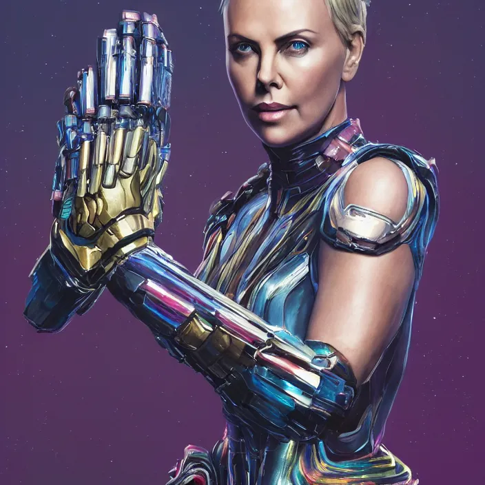 Image similar to portrait of Charlize Theron, wearing The Infinity Gauntlet. intricate artwork. by Tooth Wu, wlop, beeple, dan mumford. octane render, trending on artstation, greg rutkowski very coherent symmetrical artwork. cinematic, hyper realism, high detail, octane render, 8k, iridescent accents