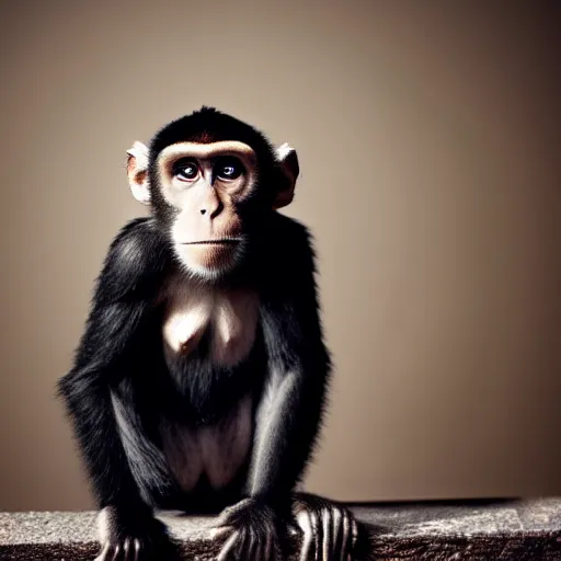 Image similar to high quality portrait of a monkey wearing black suit, studio photograph, photograph, realistic photo, 8k photo, 4k photo, stock photo, high resolution, cinematic shot, high detail