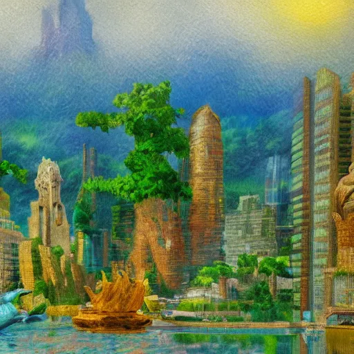 Image similar to impressionist painting of a utopian stone city with dinosaurs