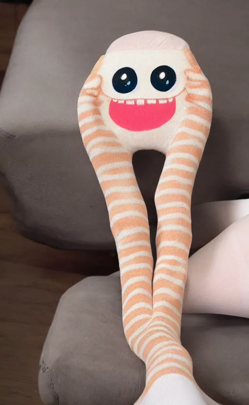 Image similar to live socks with big cute eyes, cute smile and small thin legs and arms, realistic, photo, 8K, photorealistic detailed