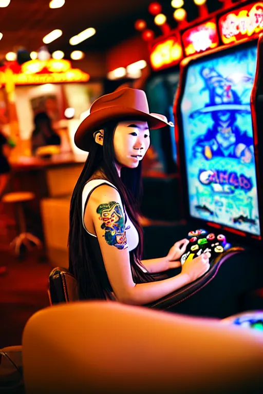 Image similar to full view, from a distance, of taiwanese girl with tattoos, wearing a cowboy hat, playing video games in arcade, highly detailed