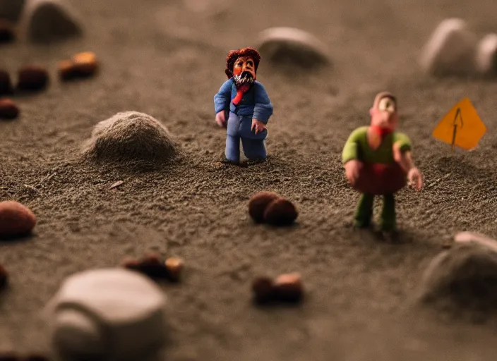 Image similar to cinematic screenshot of a stop motion claymation film about a wacky adventure starring george r r martin, shallow depth of field, 1 8 mm, f 1. 8