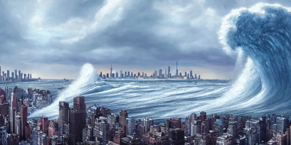 Image similar to a huge tidal wave crashing down on New York City, wide angle, super highly detailed, professional digital painting, artstation, concept art, smooth, sharp focus, no blur, no dof, extreme illustration, Unreal Engine 5, Photorealism, HD quality, 8k resolution, cinema 4d, 3D, beautiful, cinematic, art by artgerm and greg rutkowski and alphonse mucha and loish and WLOP