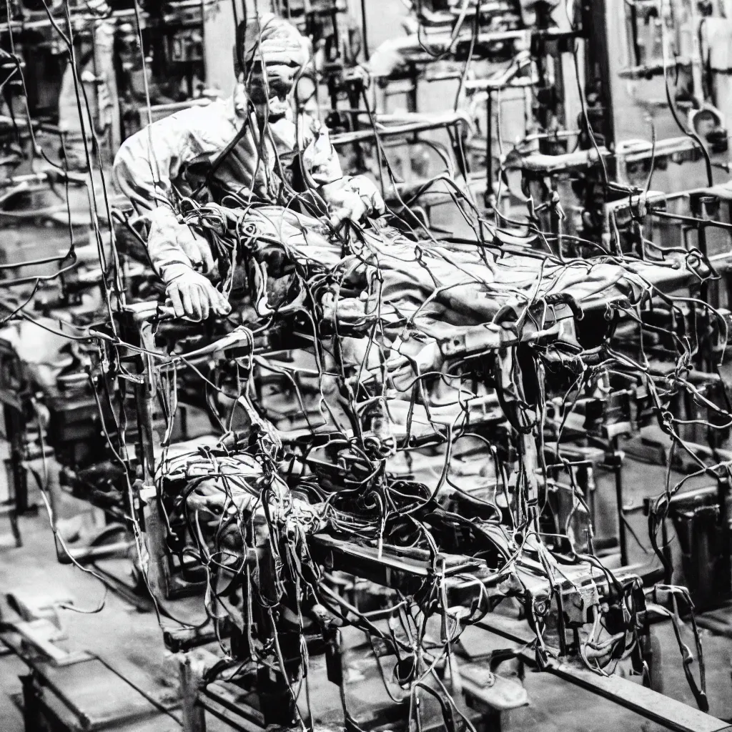 Prompt: working man, tied to his machine in a factory, black and white photography