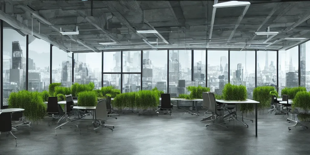 Image similar to an office with moss chairs, windows of an over grown city in the background hyper realistic digital art