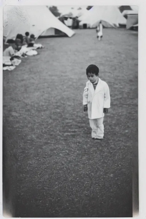 Image similar to photo polaroid of a sad and lonely child in a white coat and barefoot stands in the middle from behind the camera many big tents of field hospitals, pandemic, covid, loneliness, black and white ,photorealistic, 35mm film,