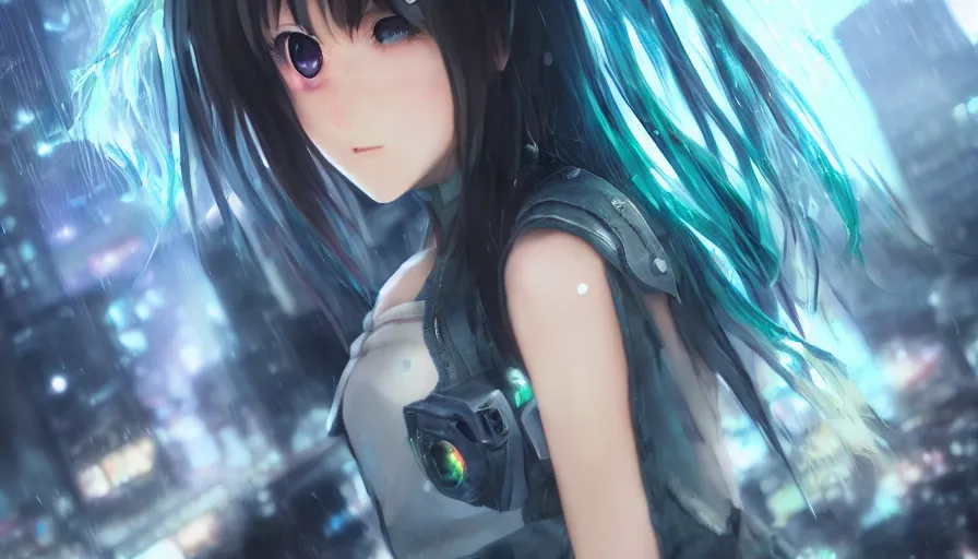 Image similar to cute anime girl in a cyberpunk city by wlop, detailed eyes, heterochromia, closeup, short minidress, light clothing, light rain, hyper real, detailed digital art, hatsune miku, photorealistic