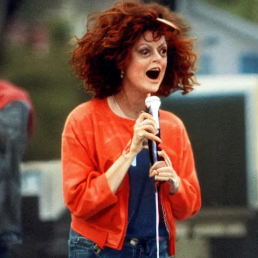 Image similar to 1 9 9 0 s video still of susan sarandon, wearing hip hop urban clothing, rapping on stage at a small outdoor concert, vhs artifacts