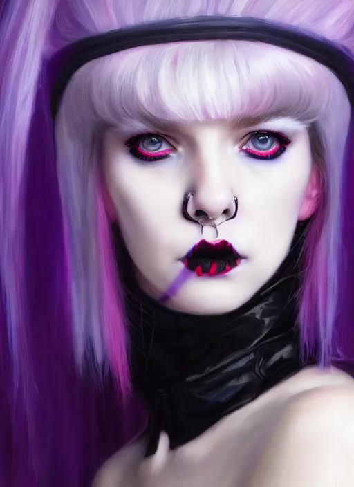 Image similar to portrait of white teenage girl, normal face, white bangs, mall goth, cyberlox, black and white hair, bangs, fluffy bangs, red contact lenses, purple lipstick, intricate, elegant, highly detailed, digital painting, artstation, concept art, sharp focus, smooth, illustration, art by wlop, mars ravelo and greg rutkowski