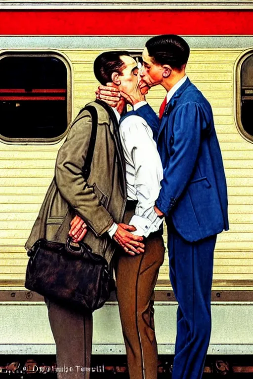 Image similar to gay male couple at a train station, norman rockwell painting of donald trump kissing donald trump