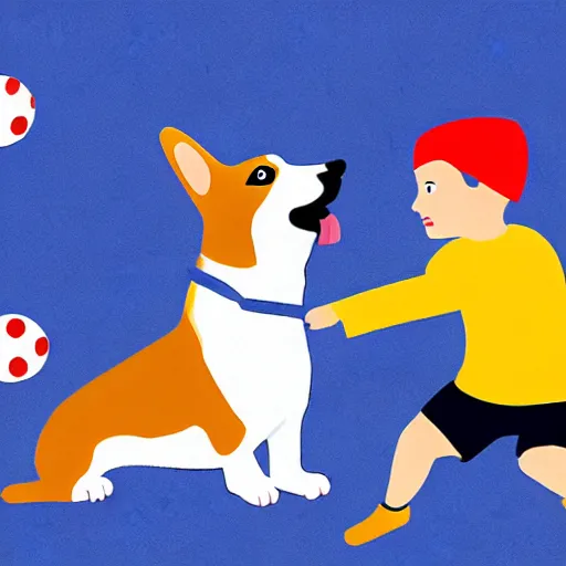 Image similar to illustration of french boy in paris playing football against a corgi who is wearing a polka dot scarf