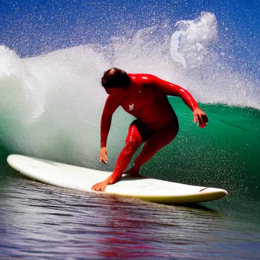 Prompt: a surfer surfing on a large wave of ketchup, through a sea made of ketchup, on a dunny day, 8 k, wide angle photography