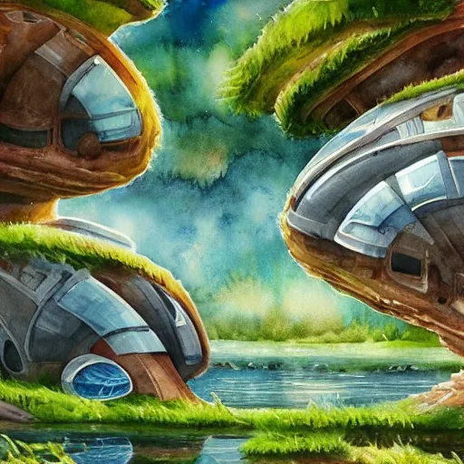 Image similar to beautiful happy picturesque charming sci - fi organic pod - like homes of the future in a beautiful natural scene. water, trees and rocks. beautiful light. soft colour scheme. beautiful artistic detailed watercolor by lurid. ( 2 0 2 2 )