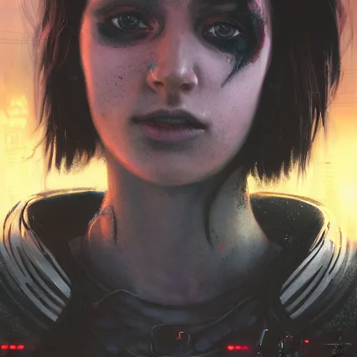 Image similar to molly millions, closeup portrait of a young beautiful cyberpunk woman, mirror eye implants, black hair in a rough shag, sunset, neuromancer, street samurai, cyberpunk city background, megacity, gorgeous view, depth, painted by seb mckinnon, high detail, digital art, painted by greg rutkowski, trending on artstation