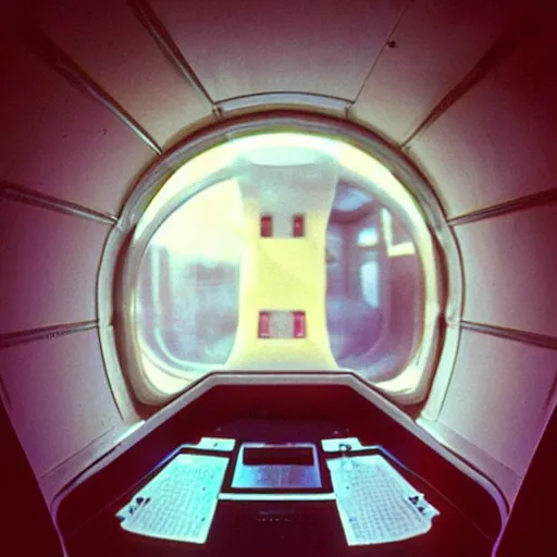 Image similar to “first person view of life aboard a retrofuturistic spaceship. 1980s photography”