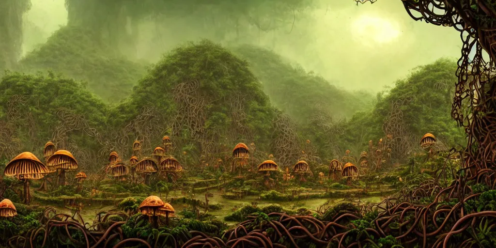 Image similar to a jungle village of cybernetic mutants and their mushroom tents, matte oil painting, retrofuturistic, science fantasy, roguelike, rusted vines, salt powder, lgbt, queer, rpg, epic, dungeons & dragons, sacred, sharp focus, award - winning, extremely detailed, 4 k, 8 k