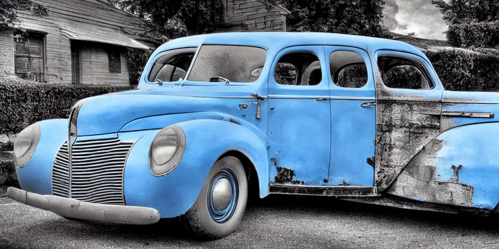 Prompt: a typical american blue car from the year 1 9 4 0, photography, hyperrealistic