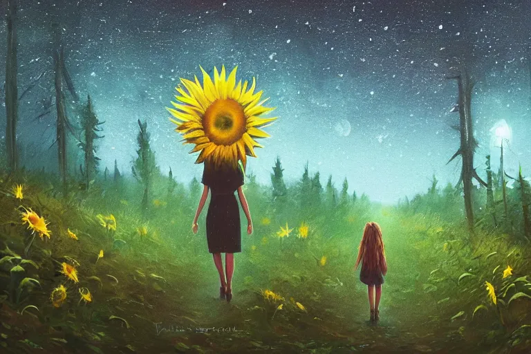 Image similar to giant sunflower head, girl walking in a moonlit forest, hills, surreal photography, dark night, star trails, dramatic light, impressionist painting, clouds, digital painting, artstation, simon stalenhag