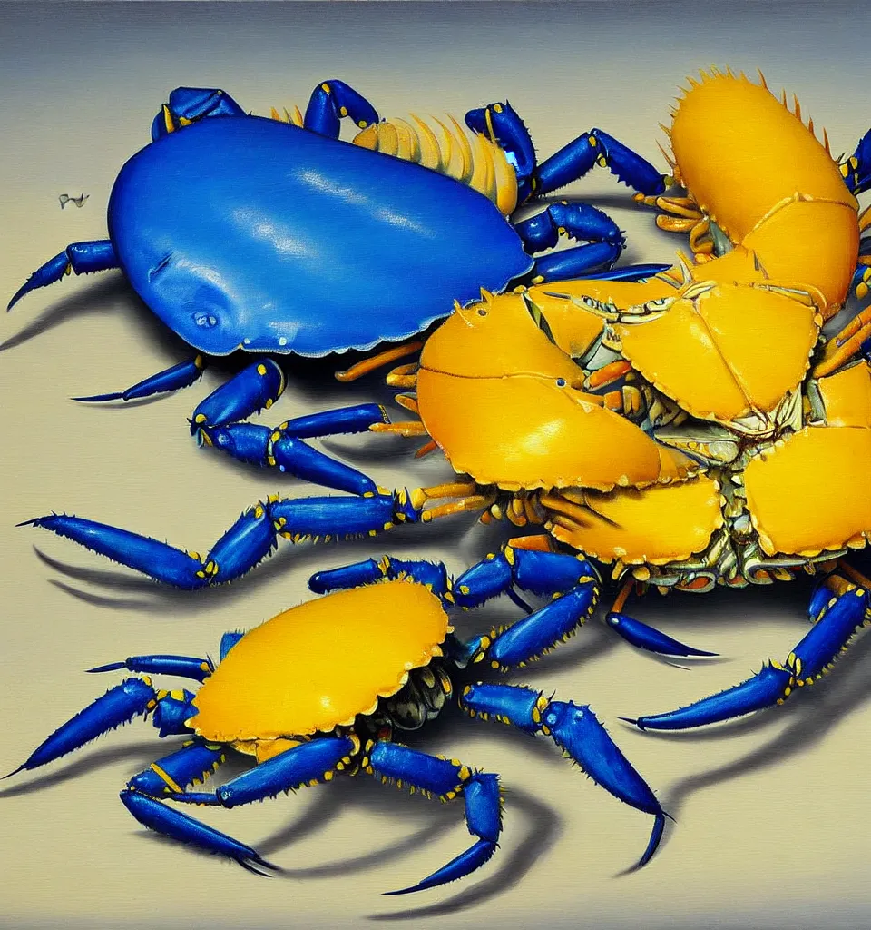 Prompt: still life painting of a blue fat fish crab lobster dancing on a white table with a yellow laughing duck rabbit on a white table, high contrast lighting, impressionism, real fur, real feather