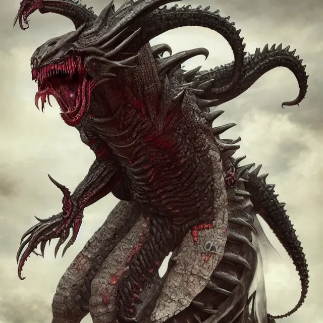 Image similar to a monstrous feminine humanoid fusion of a dragon, godzilla, and a xenomorph trending on artstation deviantart pinterest detailed hyper detailed photorealistic hd 8 k post - processing high resolution