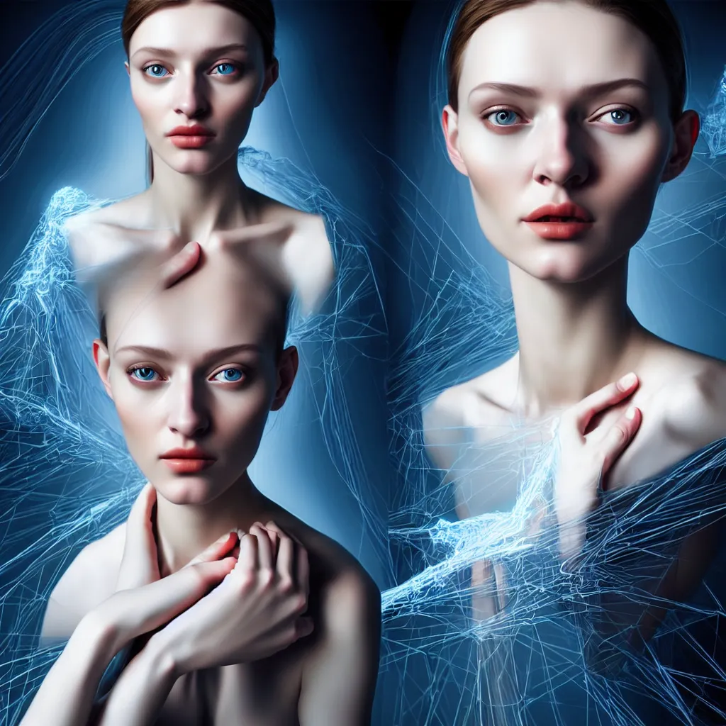 Image similar to hyperrealism photography computer simulation visualisation of parallel universe cgi scene with beautiful highly detailed ukrainian woman by caravaggio wearing neofuturistic neural interface by josan gonzalez - s 1 5 0