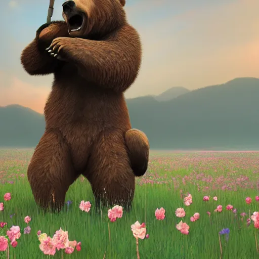 Image similar to girl riding a giant grizzly bear in a field of flowers, trending on artstation