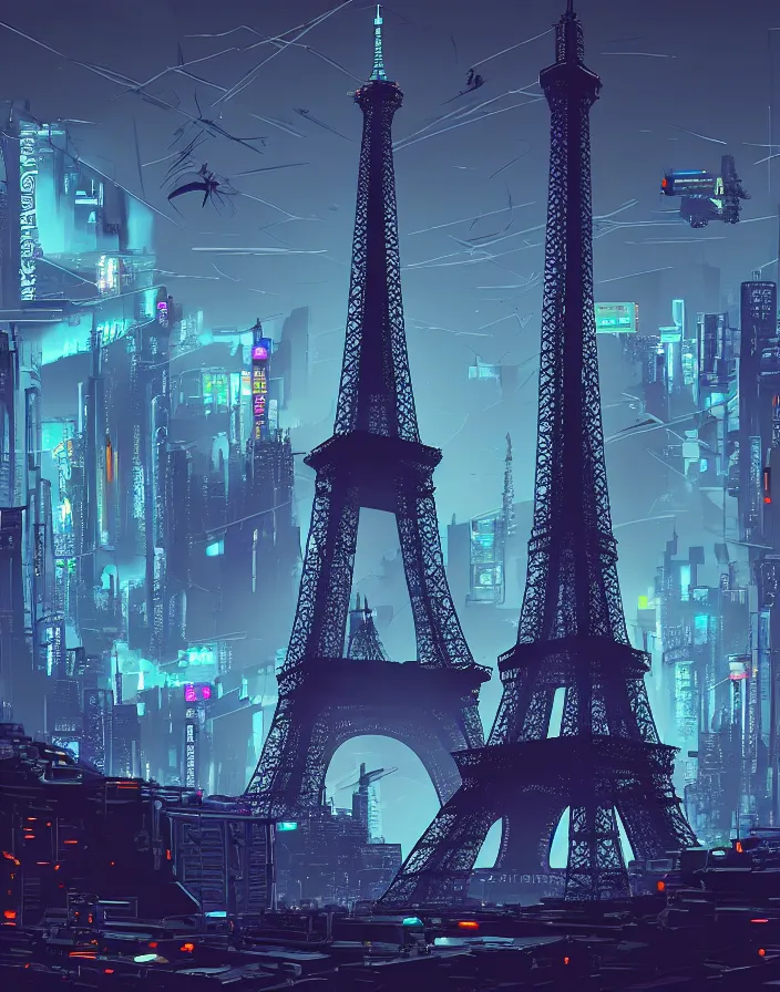 Image similar to a cyberpunk eiffel tower, cyberpunk sci - fu world