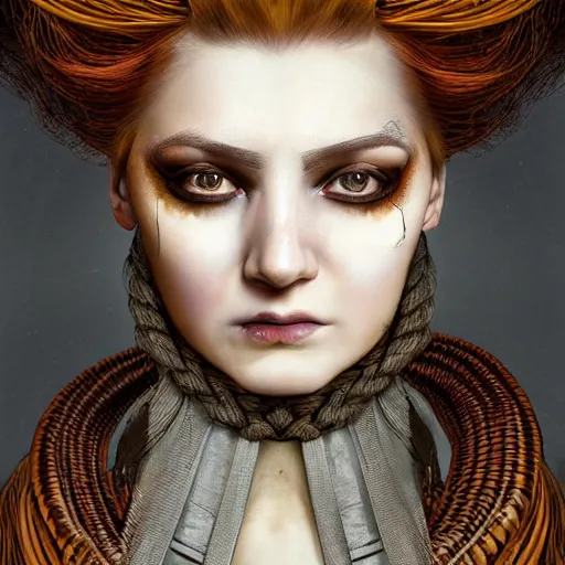 Image similar to portrait of a Shibari rope wrapped face and neck, headshot, insanely nice professional hair style, dramatic hair color, digital painting, of a old 17th century, old cyborg merchant, amber jewels, baroque, ornate clothing, scifi, realistic, hyperdetailed, chiaroscuro, concept art, art by Franz Hals and Jon Foster and Ayami Kojima and Amano and Karol Bak,