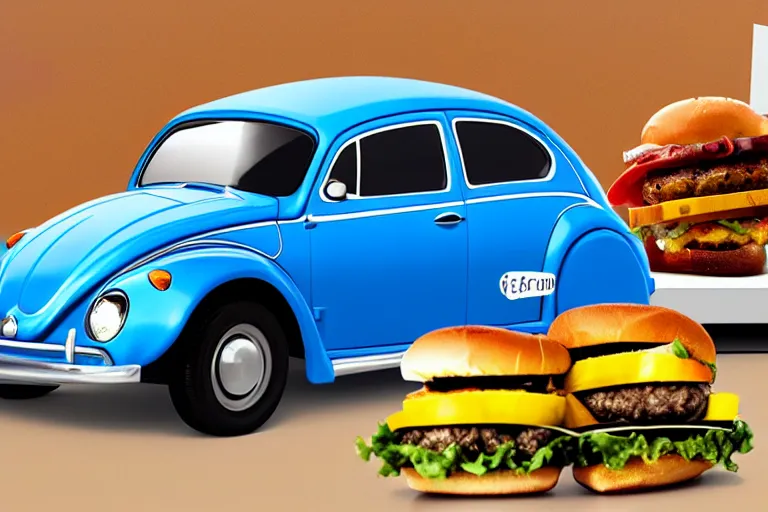 Image similar to a blue beetle car with burgers in place of the wheels