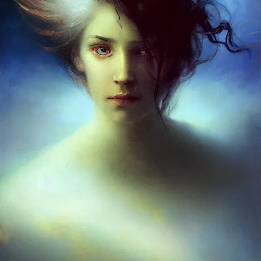 Prompt: three-quarters portrait with papery flaking skin, piercing multi-colored eyes, and under water flowing hair, dreams of the fae; painted in oil on canvas; surrealism by Aleksi Briclot and Ivan Aivazovsky