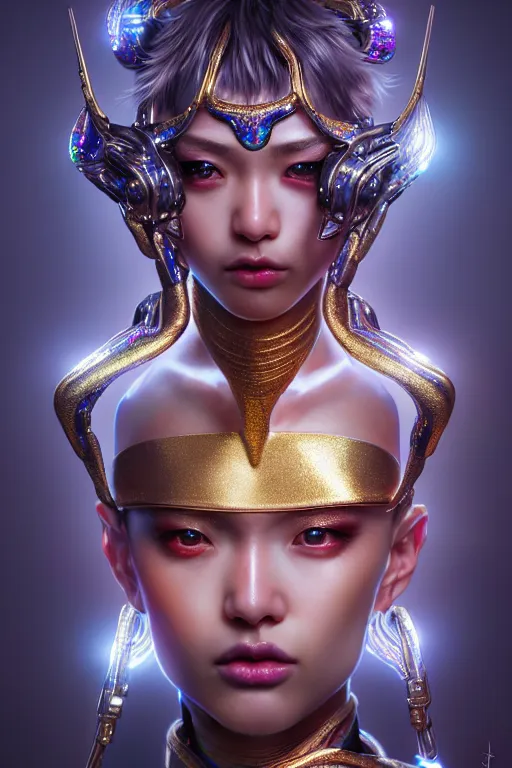 Image similar to hyperdetailed portrait of a stunningly beautiful movie 3 0 years old star androgynous guard made of iridescent metals, shiny gems, inspired by ross tran and wlop and masamune shirow and kuvshinov, concept art, intricate, photorealistic, octane render, rtx, hdr, unreal engine, dnd digital art by artgerm