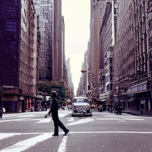 Image similar to John Lennon walking down a street in new York, hyper realistic, HD, HQ, photo realistic