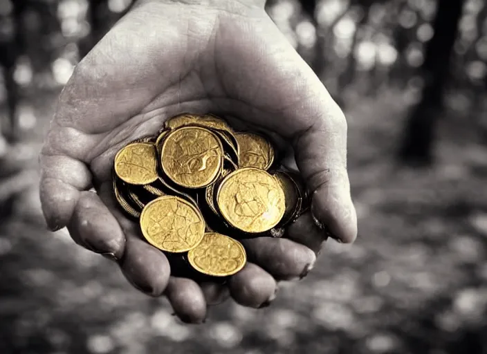 Prompt: old retro burnt out sepia photograph with scratches of an old and wrinkled hand holding a few golden coins with royal engravings. magical forest in the background with bokeh. Antique. High quality 8k. Intricate. Sony a7r iv 35mm. Award winning. Zdzislaw beksinski style