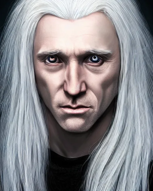 Image similar to portrait of 4 0 - year - old man with long white hair with a pale complexion, malfoy lucius, clear face, pointed face and grey eyes, hyper realistic face, beautiful eyes, character art, art by mark brooks, hyperdetailed, cryengine, trending on artstation, digital art