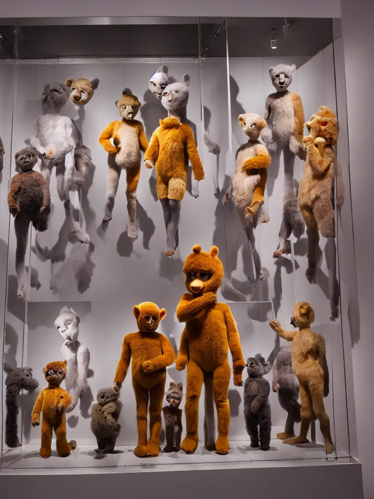 Image similar to diorama windowstore vitrine at the american museum of natural history, new york, of very realistic dissected teletubbies as furry animals, photography portrait aesthetic by guy bourdin