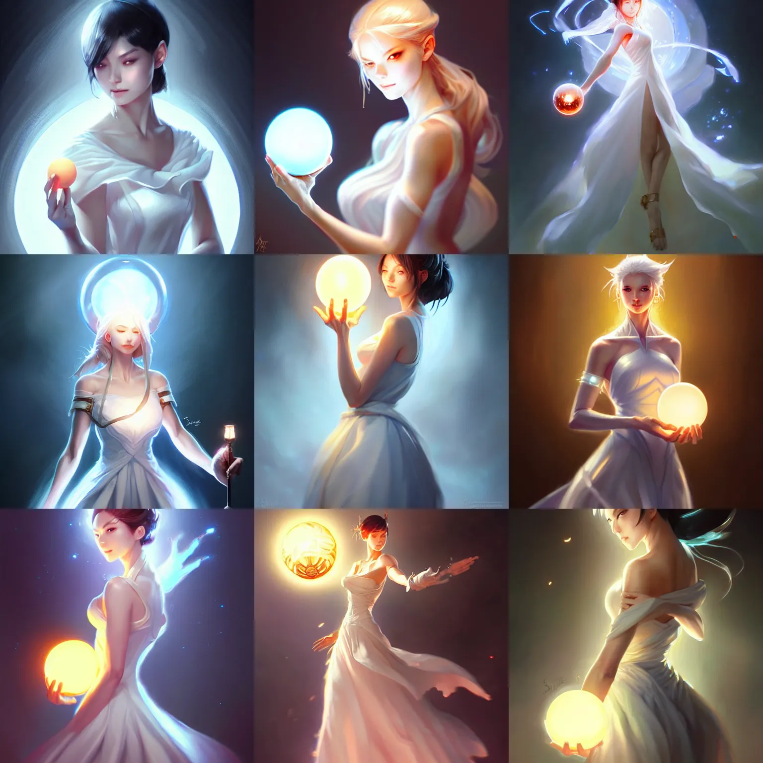 Prompt: a woman in a white dress holding a glowing ball, a detailed painting by ross tran and stanley artgerm lau, featured on deviantart, fantasy art, anime, 2 d game art, official art