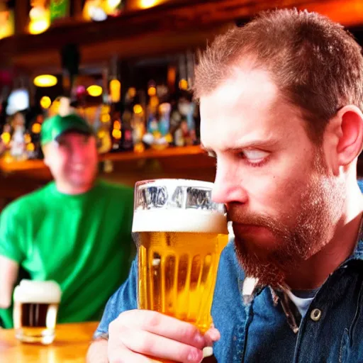 Prompt: two cyborg drinking beer in irish pub