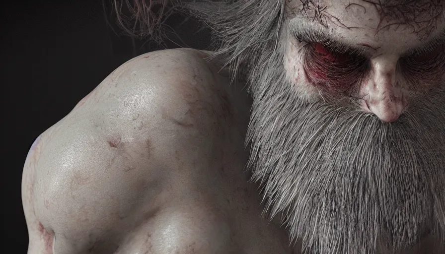 Image similar to hairy creepy being, photorealistic rendering, octane, redshift, grooming