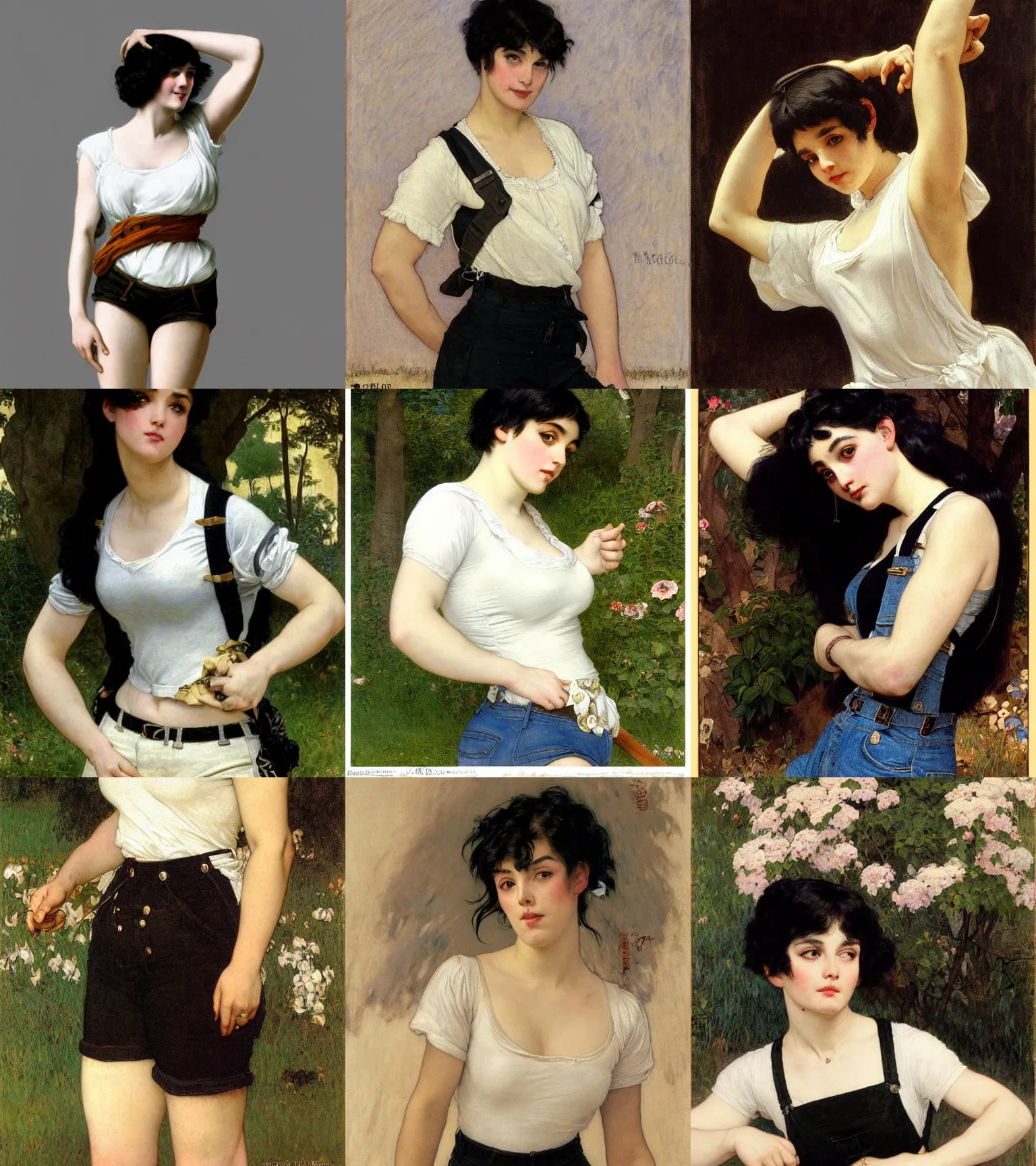 Prompt: a woman with black hair and long pixie haircut in shorts with suspenders and white t-shirt drawn by Alexandre Cabanel, norman rockwell, peter paul rubens, maler collier, frank frazetta, alphonse mucha, gustav klimt 4k, unreal 5, DAZ, french noveau, trending on artstation, octane render, hyperrealistic