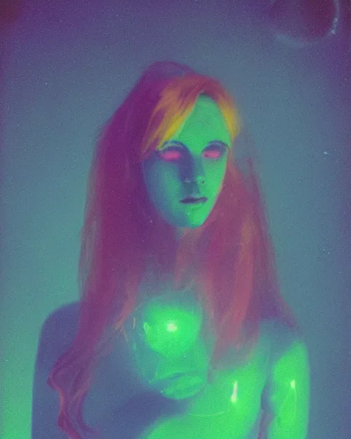 Image similar to cut and paste, serene robotic woman's face, red hair, dark makeup, violet and yellow and green and blue lighting, polaroid photo, 1 9 8 0 s, atmospheric, whimsical and psychedelic, grainy, expired film, super glitched, corrupted file, ghostly, bioluminescent glow, sci - fi, twisty