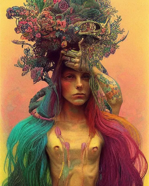 Prompt: rainbow flowerpunk portrait of a skateboarding tattooed matriarch by paul lehr, beksinski, alphonse mucha