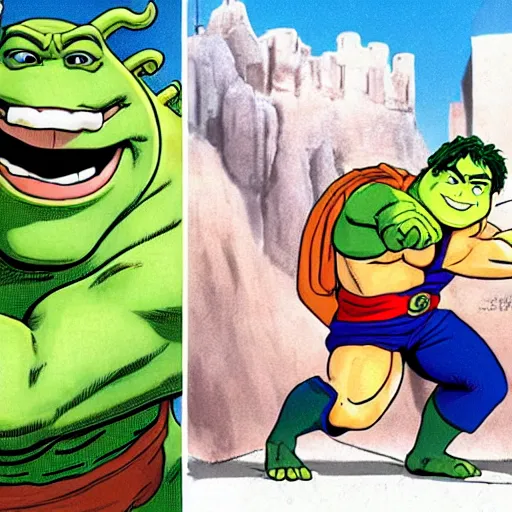 Prompt: shrek fighting the incredible hulk, anime, akira toriyama