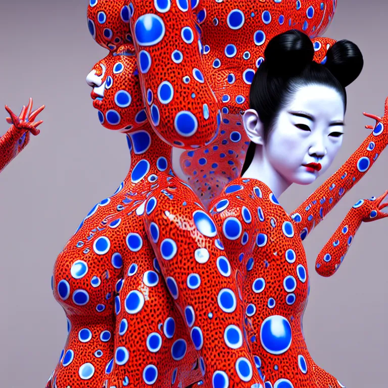 Image similar to hyperrealistic detailed image of a geisha in a art installation room, hd smooth interior by yayoi kusama, part by kei mieno, part by ross tran, dark art by james jean, ultra realistic, highly detailed, life like face, detailed body, 8 k, 3 d render by roger magrini, masterpiece