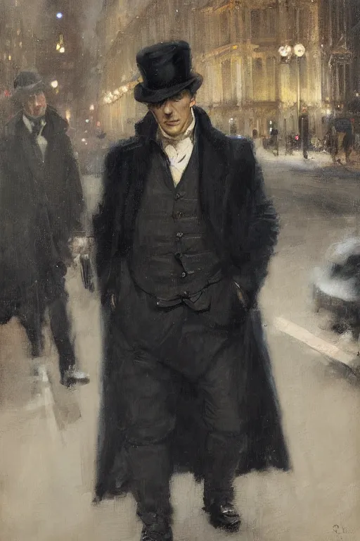 Prompt: Richard Schmid and Jeremy Lipking full length portrait painting of classic Sherlock Holmes at night on a london street