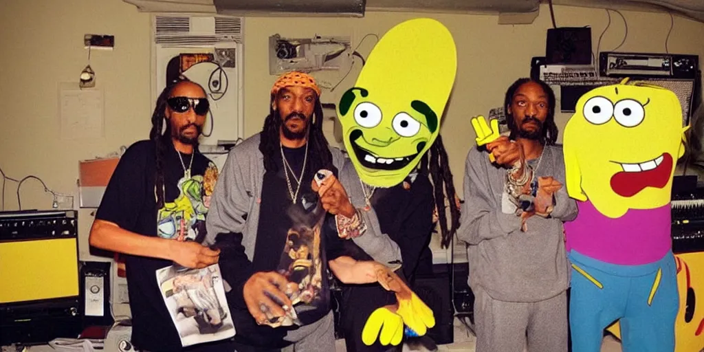 Image similar to snoop dogg smoking weed with spongebob squarepants inside a music studio