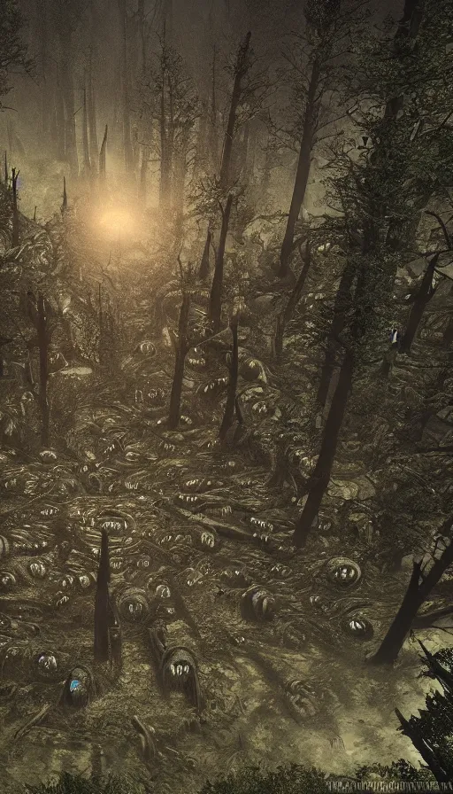 Image similar to a storm vortex made of many demonic eyes and teeth over a forest, with cryengine