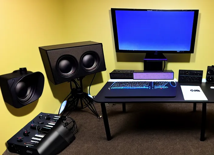 Image similar to moderator stance, sound filter, 6 monitors, pedals, drums, a gaming guitar, controller, 6 consoles, 1 0 computers, bunch of wires, soundpads, speakers, antena, satellite, dog, dog cam, cat cam, cat tree cat this