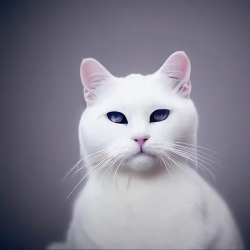 Prompt: a white cat, glowing eyes, trending wallpaper, black background, hyper realistic