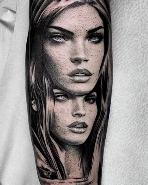 Image similar to creative double exposure effect tattoo design sketch of megan fox faded in beautiful mountain scenery, realism tattoo, in the style of matteo pasqualin, amazing detail, sharp