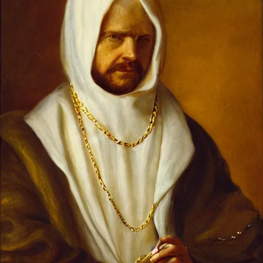 Image similar to a portrait of a man wearing a long pale cloak, face covered by hood, holding gold chains, oil painting, high detail